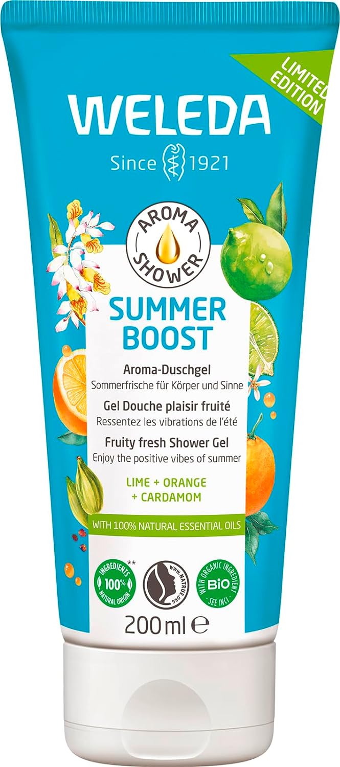 WELEDA Bio Summer Boost Vegan Shower Gel - Natural Cosmetics Aroma Shower Soap for Women and Men with Orange, Lime & Cardamom Fragrance - Natural Shower for Cleaning Face and Body (200 ml)