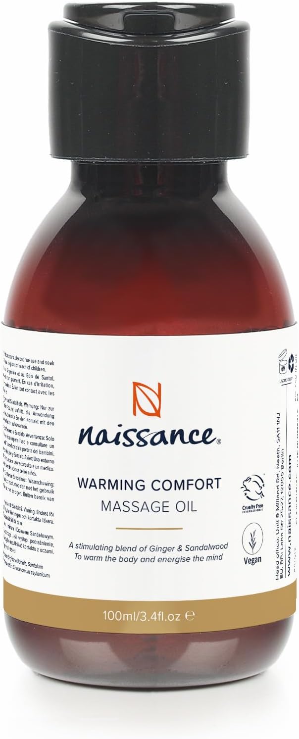 Naissance Warming Comfort Relaxing Massage Oil - 100 ml - Grape Seed Oil Base with Ginger Oil and Sandalwood Oil, Massage, Muscles, Joints, Relaxation