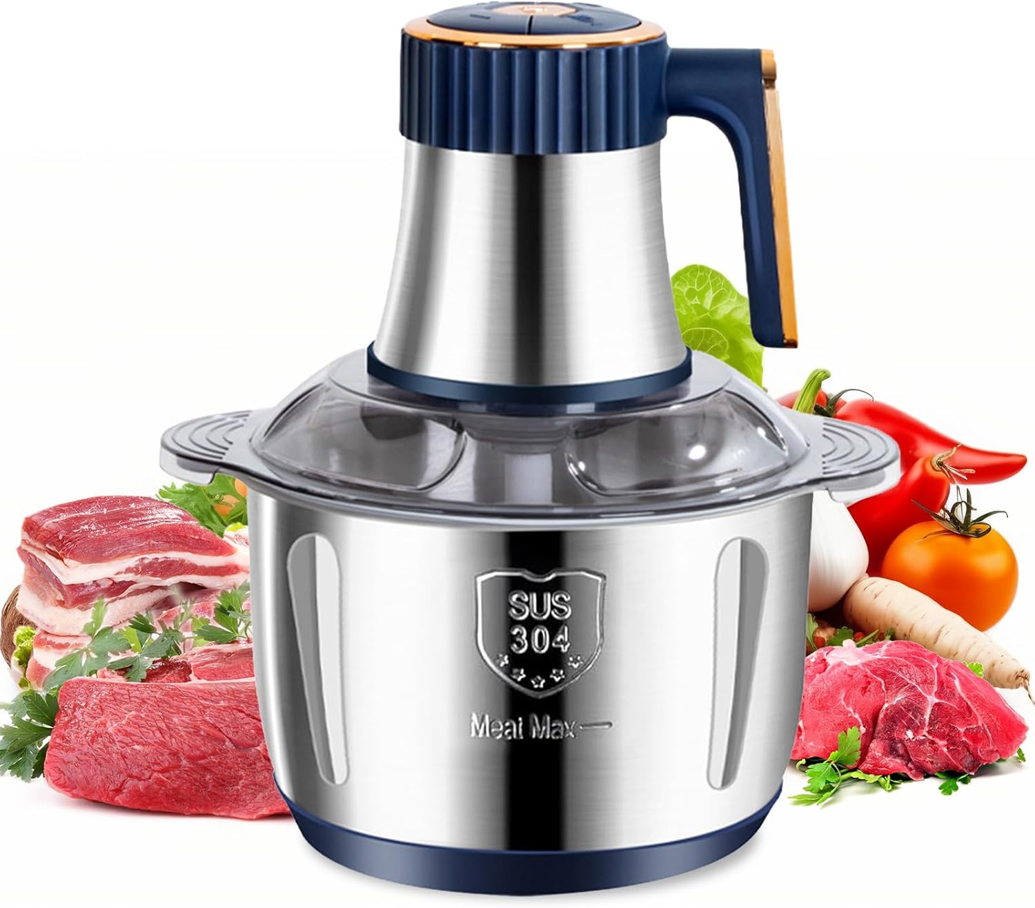 Electric Meat Mincer, 5 L, 500 W Stainless Steel Meat Grinder, Electric Kitchen Chopper with 5 Speed ​​Levels, Chopper for Chopping Meat, Onions, Fruit and Vegetables (Blue)