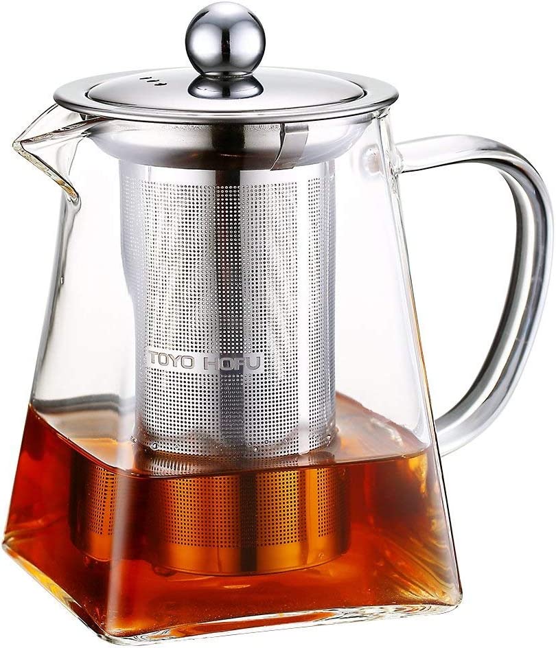 TOYO HOFU Clear Glass Heat Resistant Large Loose Teapot with Stainless Steel Tea Strainer 1200ml, transparent, 600 ml
