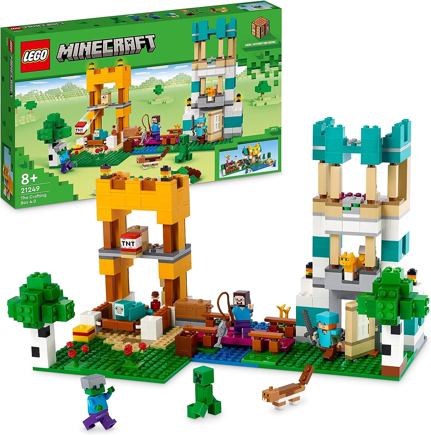 LEGO 21249 Minecraft The Crafting Box 4.0, 2-in-1 Set for Building, Towers on the River or Cat Hut, with Alex, Steve, Creeper and Zombie Mobs, Action Toy for Children, Boys and Girls