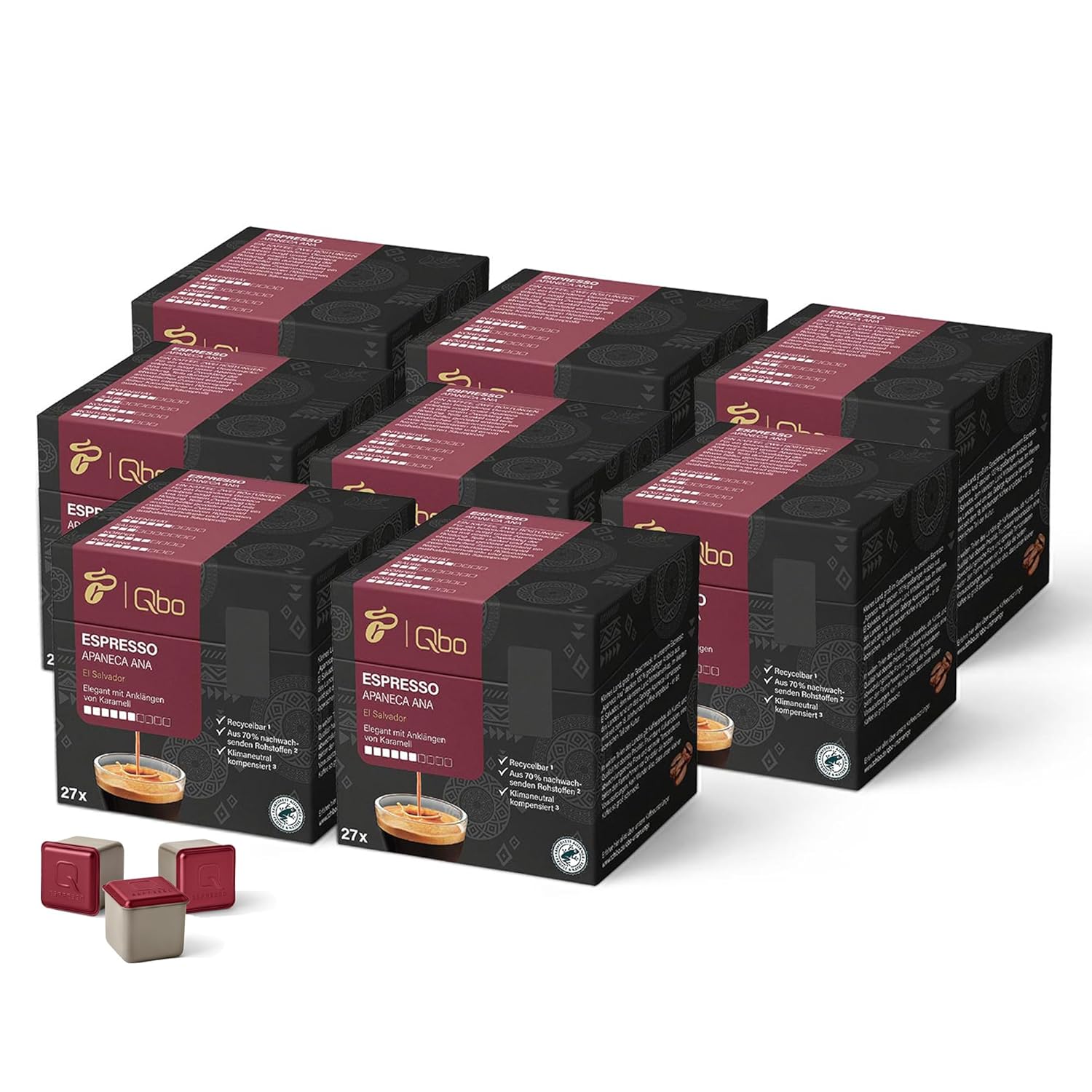 Tchibo Qbo Espresso Apaneca Ana Premium Coffee Capsules, Pack of 216 - 8 x 27 Capsules (Espresso, Intensity 5/10, Elegant with Caramel Note), Sustainable, Made from 70% Renewable Raw Materials