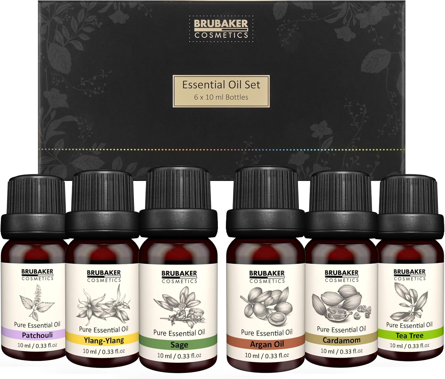 BRUBAKER Cosmetics Set of 6 Essential Oils Aromatherapy Oils 6 x 10 ml - Patchouli Sage Ylang-Ylang Cardamom Argan Tea Tree - Fragrance Oil for Diffuser Humidifier Massage Aromatherapy Body Care