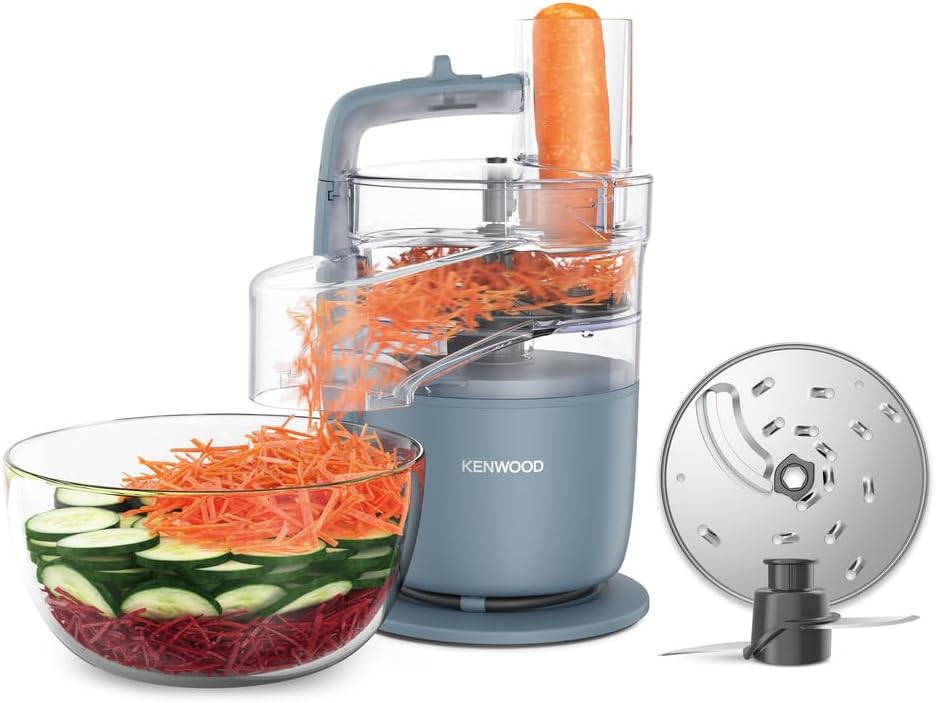 Kenwood MultiPro Go FDP22.130GY Compact Food Processor Only 30 cm High for Cutting, Grating, Pureeing and Kneading Dough, Express Serve, 1.3 L Work Container, 650 W, Blue