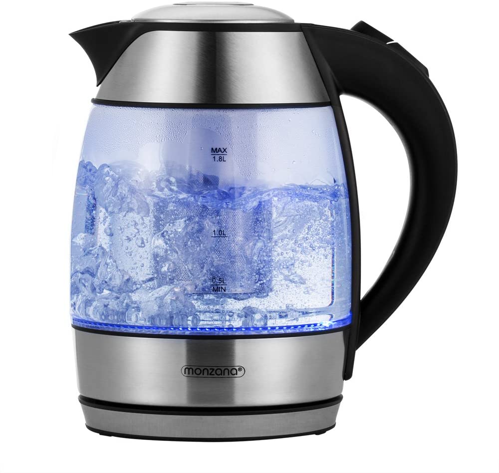 Monzana Kettle with Tea Strainer 1.8 L LED Stainless Steel Glass Tea Maker Wireless 2200 W BPA Free Limescale Filter Overheating Protection