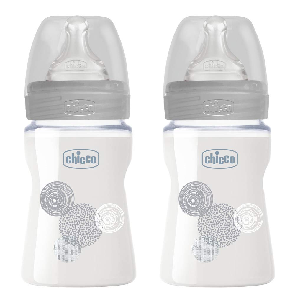 Chicco Glass Baby Bottle 150 ml, Pack of 2, Superior Glass, Perfect-5 Silicone Teat 0 m+ from Birth, Unisex, Made in Italy