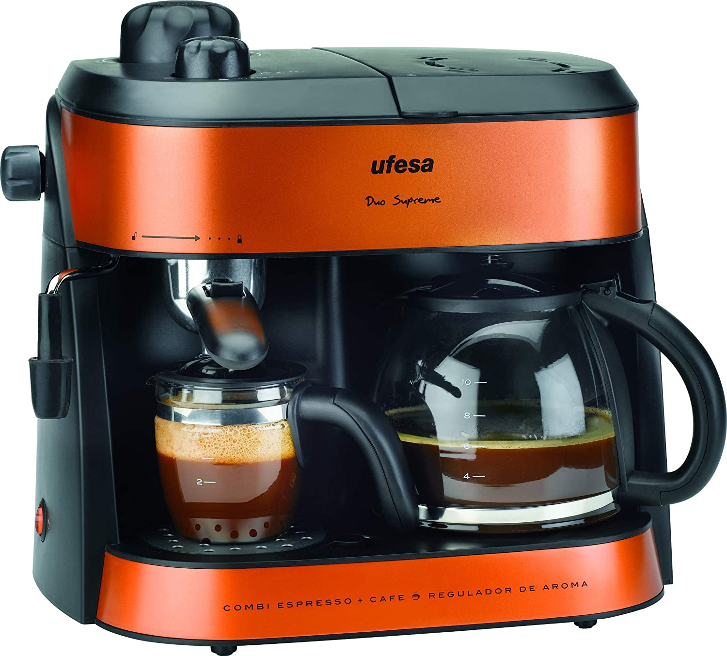 UFESA CK7355-Duo Supreme Expresso and Filter Coffee Maker, Adjustable Evaporator, Aroma Regulator, 1800w, 2 in 1, Glass, 1.5 Litres, Orange