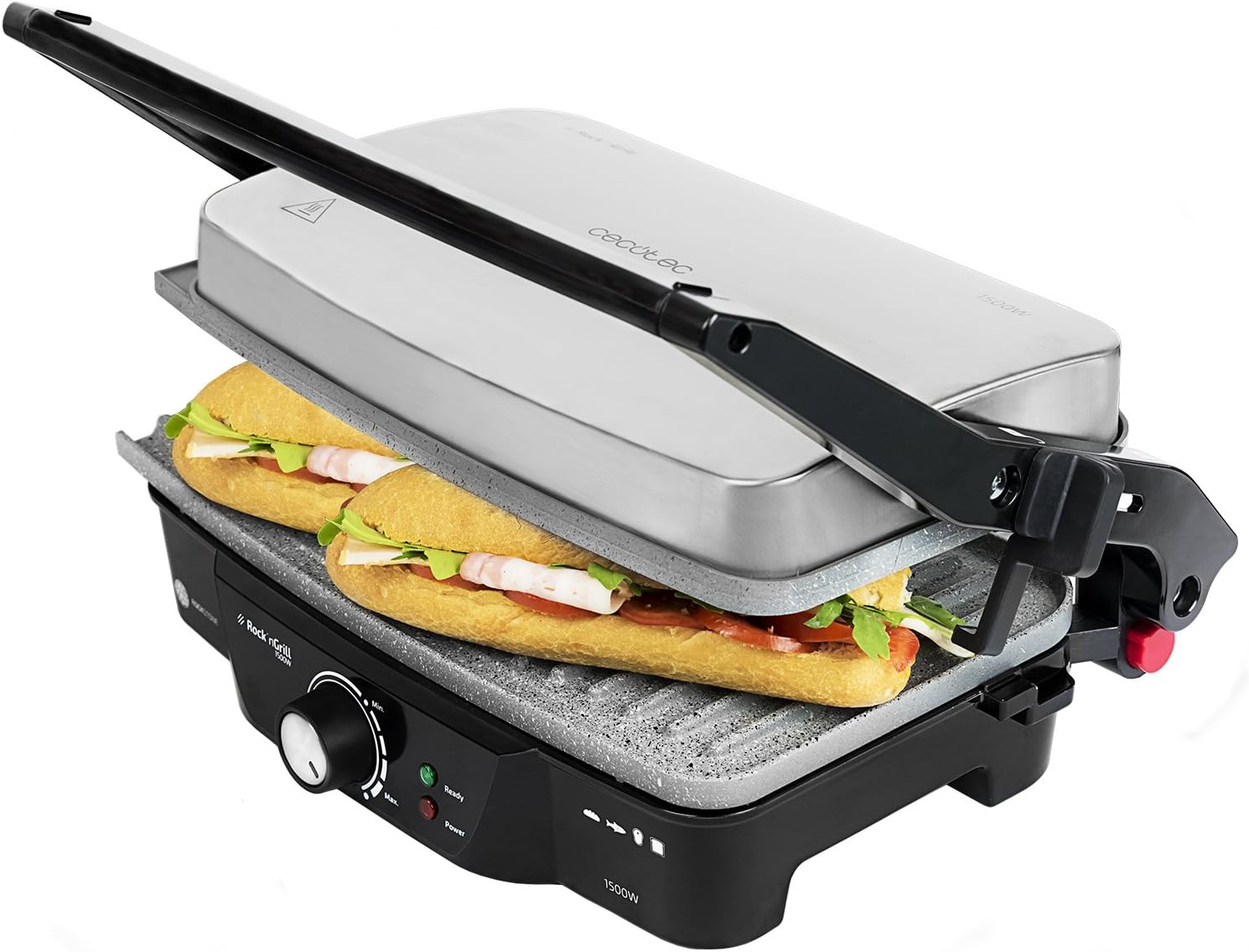 Cecotec electric grill Rock\'n Grill 1500. Rockstone coating, 1500 W, temperature controller, 180º opening, surface 28.7 x 17 cm, stainless steel and plastic
