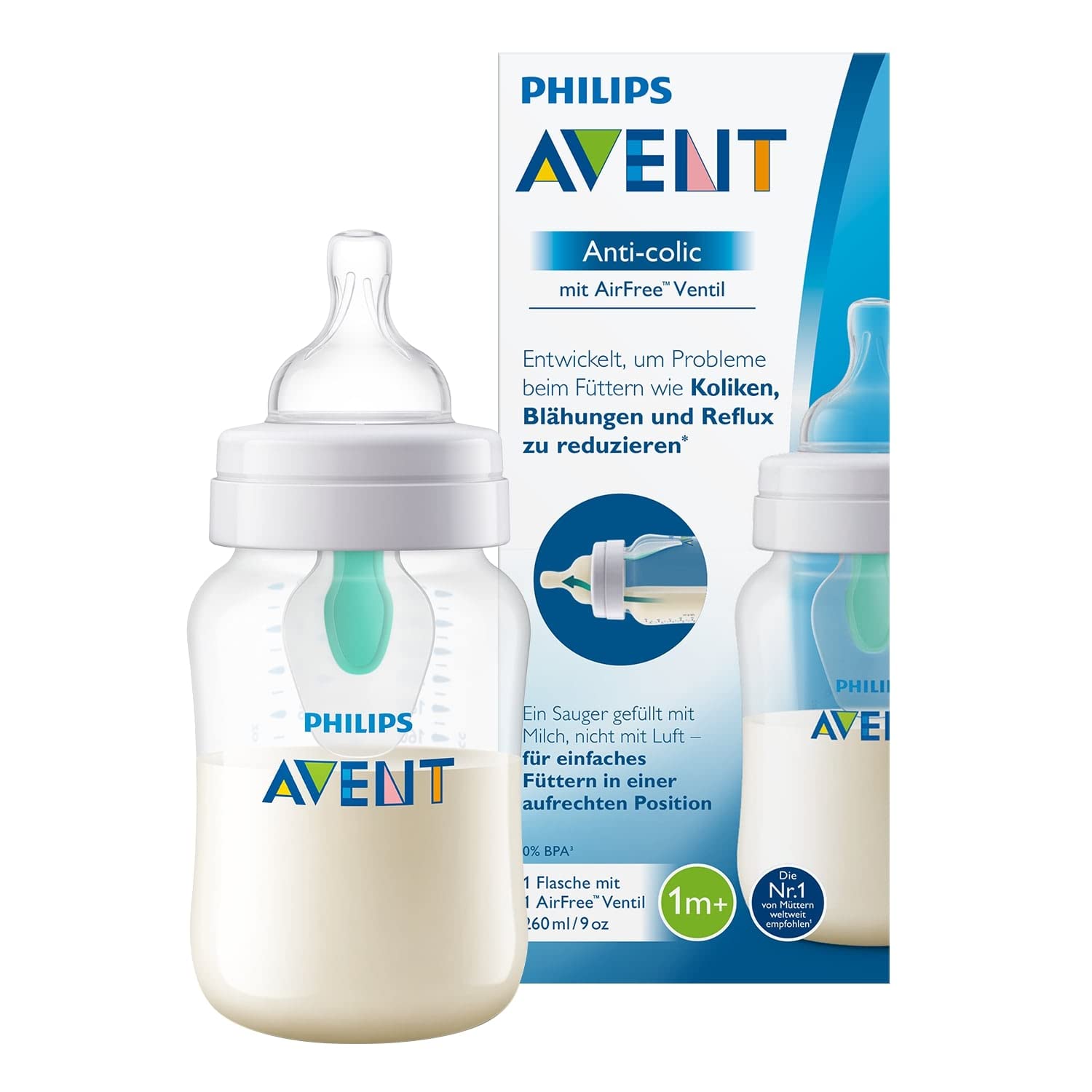 Philips Avent Anti-Colic Bottle, with AirFree -Valve Compatible, 260 ml, Transparent Single Pack with AirFree Valve 260 ml