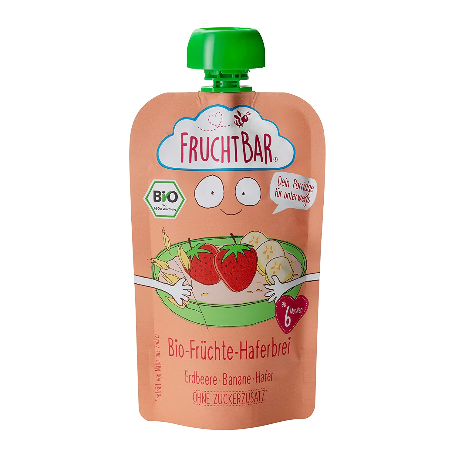 FruchtBar Bio-Früchte-Haferbrei Erdbeere, Banane, Hafer im Quetschbeutel, 8x120g