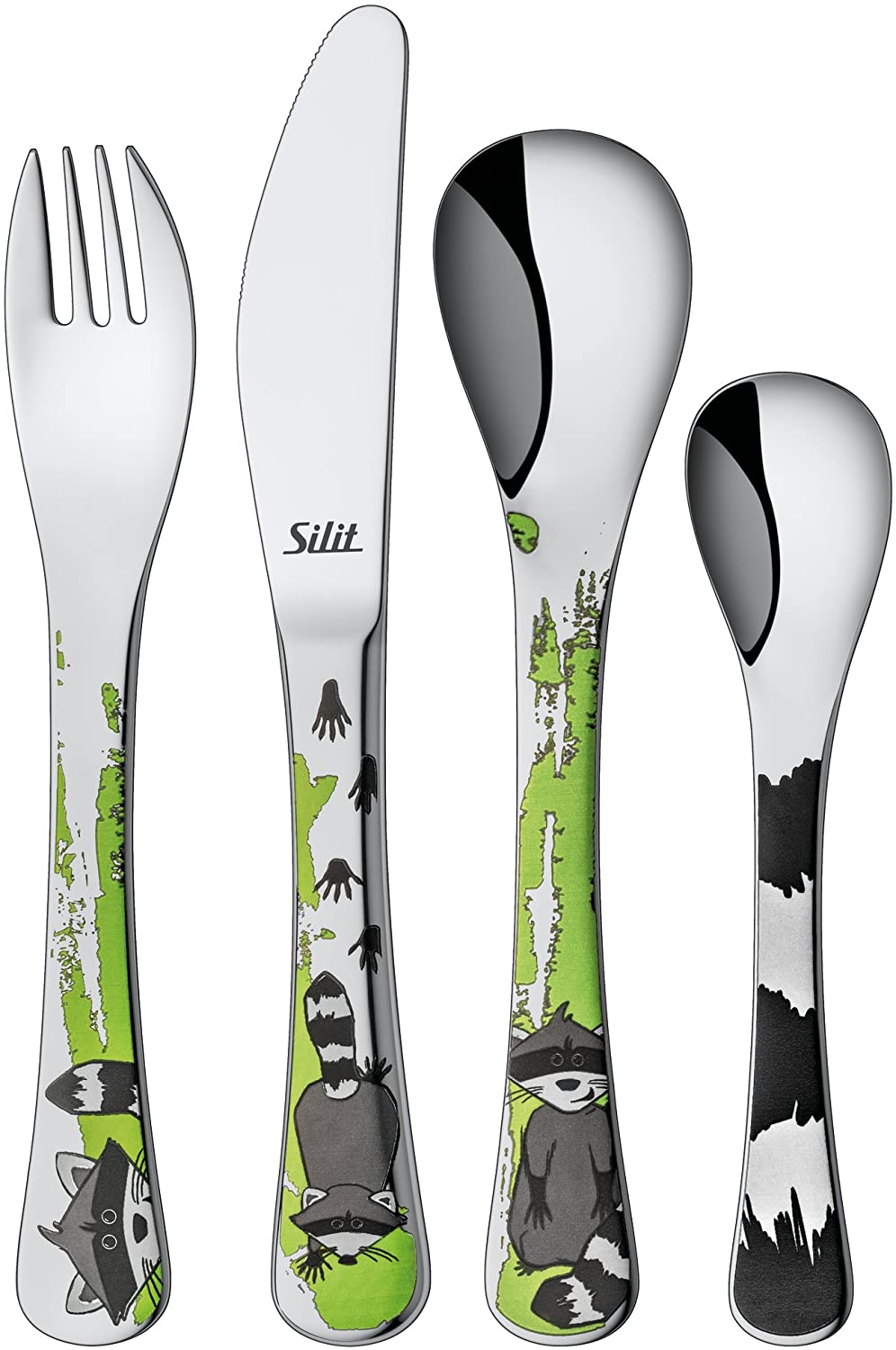 Silit Raccoon children\'s cutlery, 4 pieces, with name engraving, from 3 years, crominox polished stainless steel, engraving gift for christening or birthday