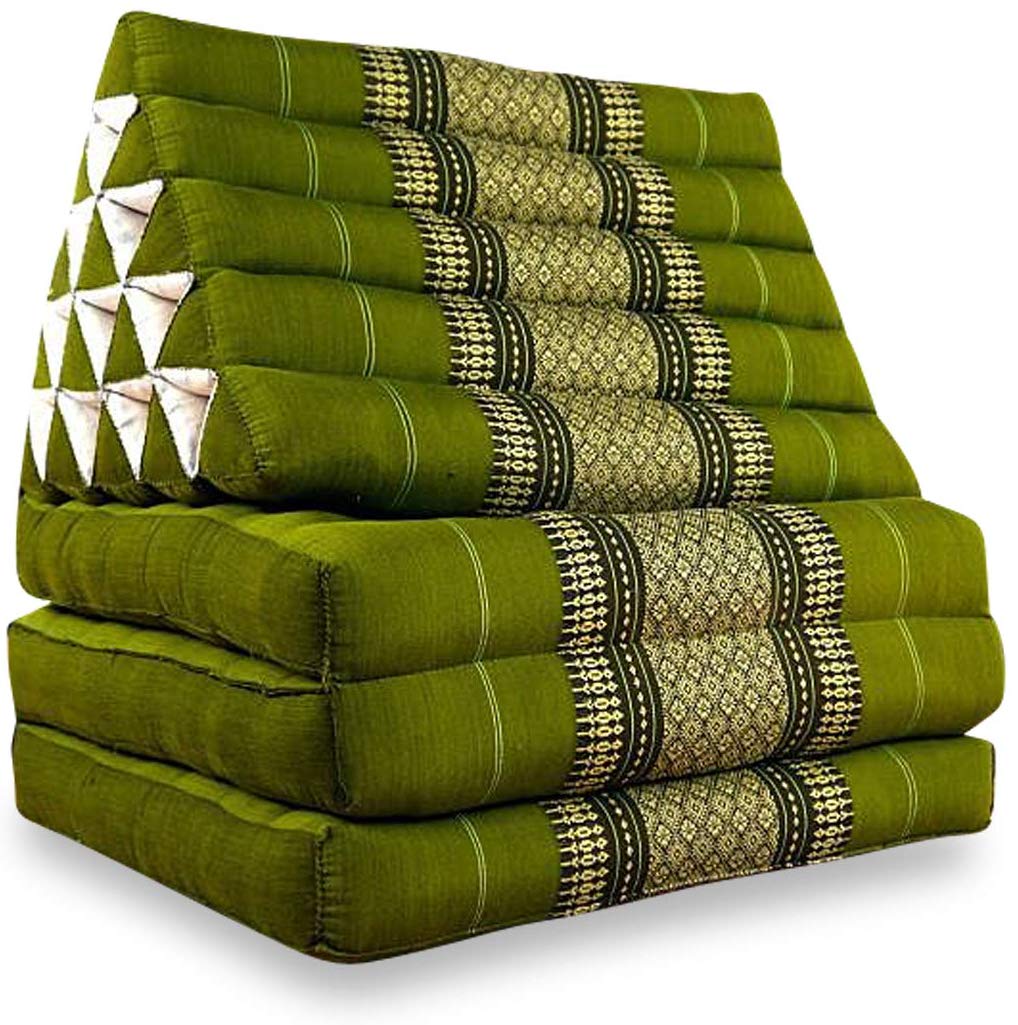 livasia Thai Cushion 3 Extra High Triangular Cushion with Folding Mattress, Kapok, Jumbo Back Cushion, Foldable, Thai Mat Flaps, Handmade, Meditation Cushion 185 x 55 x 8 cm (Green)
