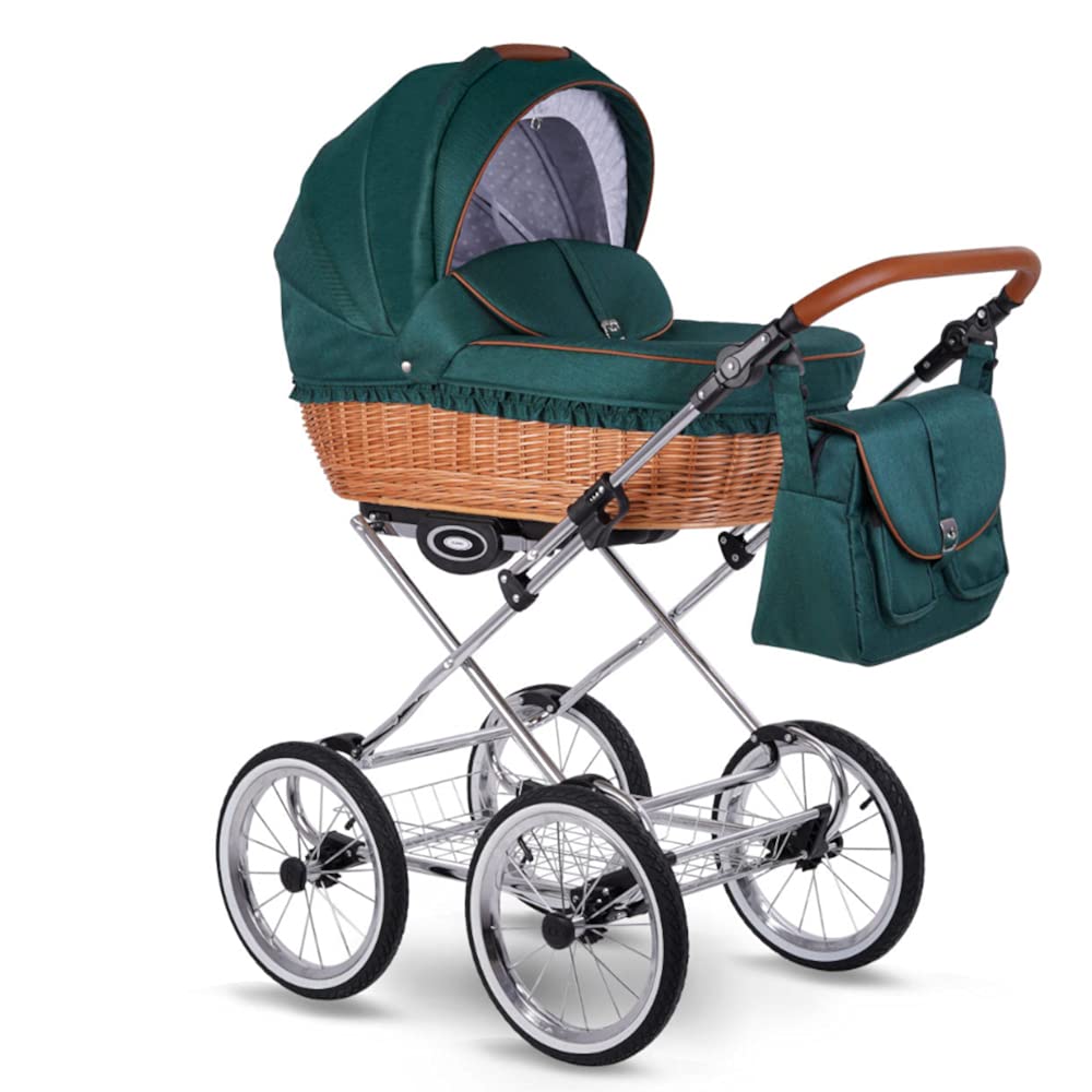 SaintBaby Racing Green RL38 3-in-1 Sustainable Retro Wicker Basket Linen with Baby Car Seat