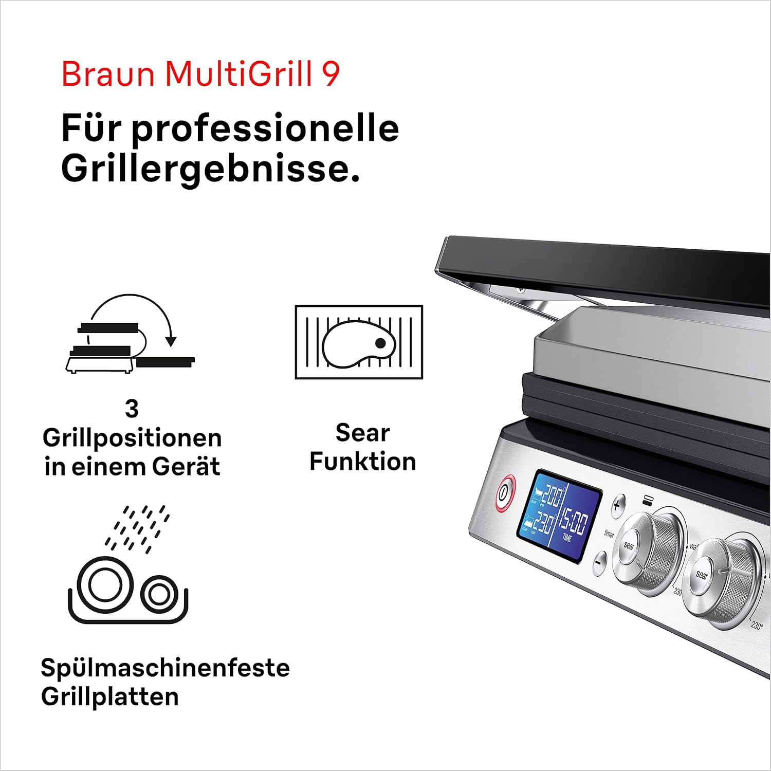 Braun MultiGrill 9 CG9043, 3-in-1 Contact Grill, BBQ and Oven, Large Grill Surface (16 Burgers), 2000 W, 250°, Dishwasher Safe (Plancha, and Grill), Grease Tray, Electric Grill Indoor