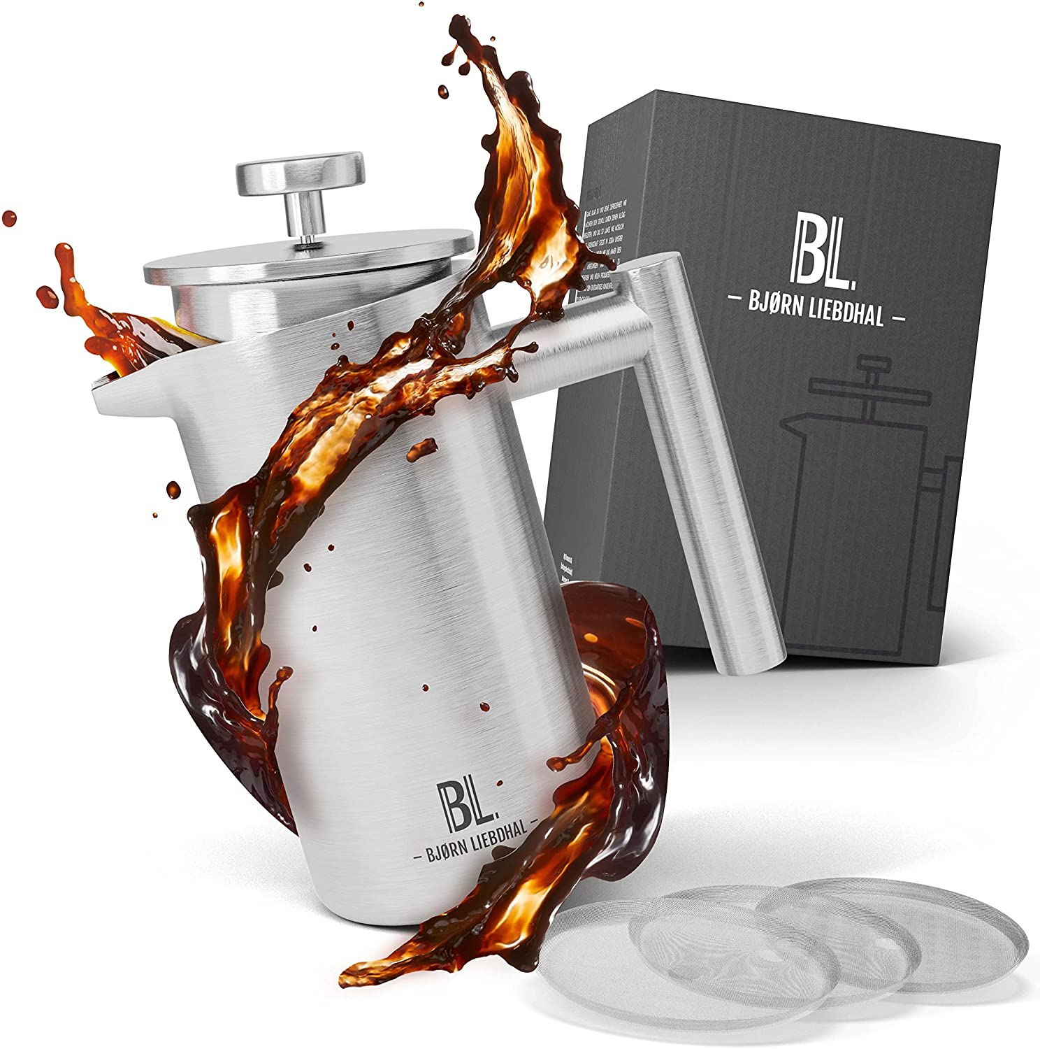 Bjørn Liebdhal® Premium French Press Stainless Steel 1 Litre – 2 Sizes – with Thermal Effect [Includes 3 Replacement Filters & Instructions] – Coffee Maker Dishwasher Safe – Coffee Press for On the Go