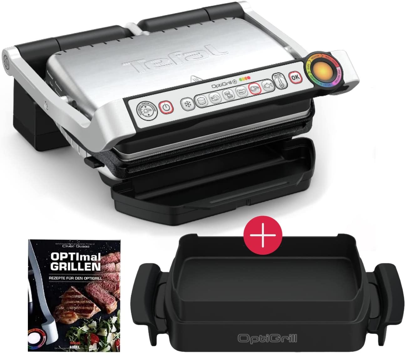 Tefal OptiGrill + Electric Contact Grill + XA7258 Snacking & Baking Baking Tray + Optigrill Recipe Book, 6 Grill Programmes Indoor Electric Grill | Ideal Grilling Results | Non-Stick Cast Aluminium Plates