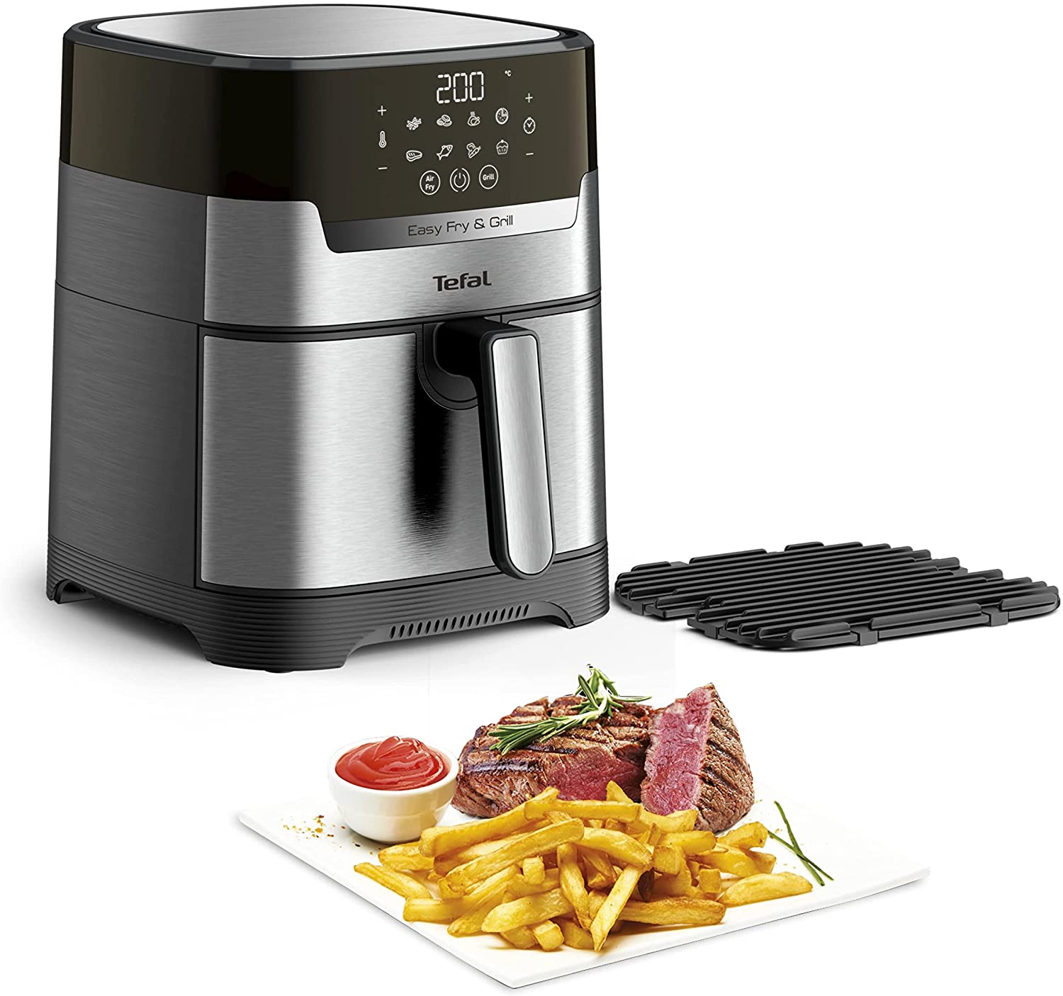 Tefal EY505D Easy Fry & Grill Deluxe Hot Air Fryer | 2-in-1 Technology (Hot Air Fryer and Grill) | Capacity: 4.2 Litres | 8 Automatic Programmes | Timer | Stainless Steel