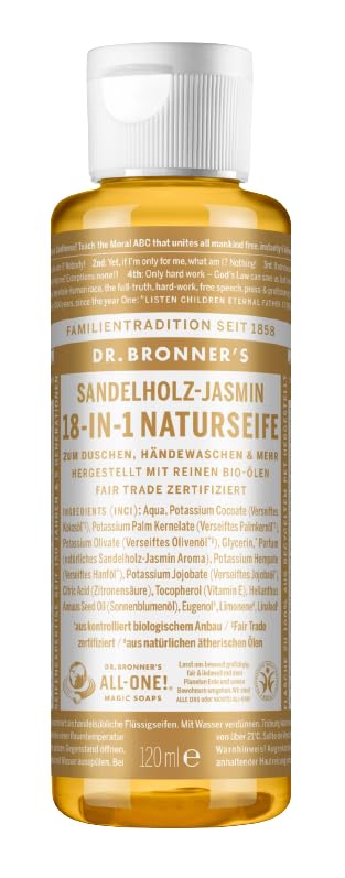 Dr. Bronner\'s 18-in-1 Natural Soap | Organic Liquid Soap | Sandalwood Jasmine | Indian Inspired | Shower Gel, Hand Soap, Shampoo and Much More | With Organic Oils | Fair Trade | 120 ml