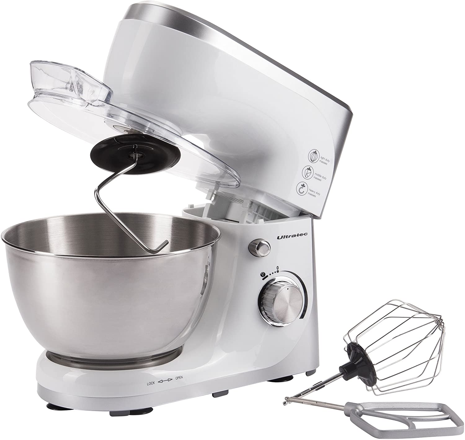 Ultratec Food Processor with Stainless Steel Mixing Bowl, Mixing Machine with 4.5 Litre Stainless Steel Bowl - Kitchen Machines Including Balloon Whisk, Dough Hook and Whisk, 800 Watt, White