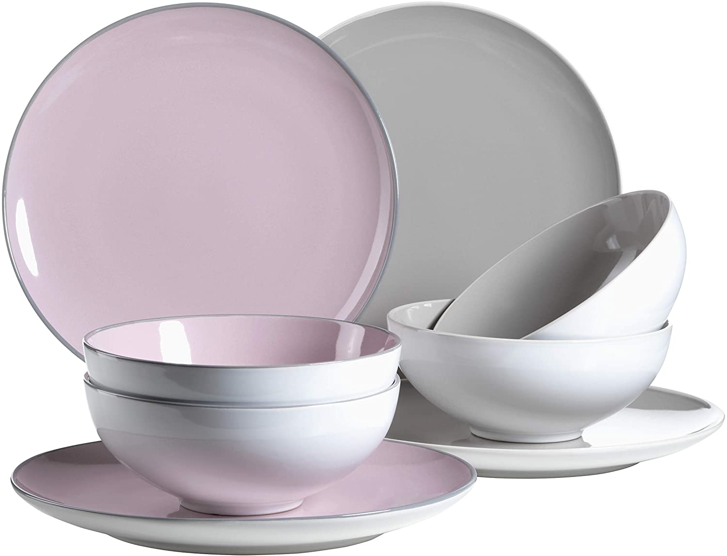 Maser Mäser, Maila Series 8-Piece Dinner Service Ceramic Crockery Set for 4 People Plate Set in Pink and Grey