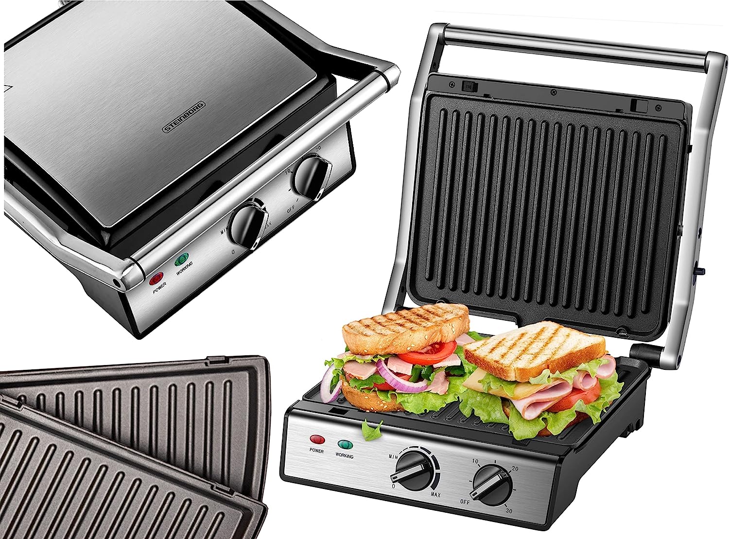 XXL Contact Grill Removable Plates 30 Minute Timer Panini Toaster Sandwich Toaster Electric Table Grill Contact Grill for Sandwiches, Steak and Panini Grill Electric Grill