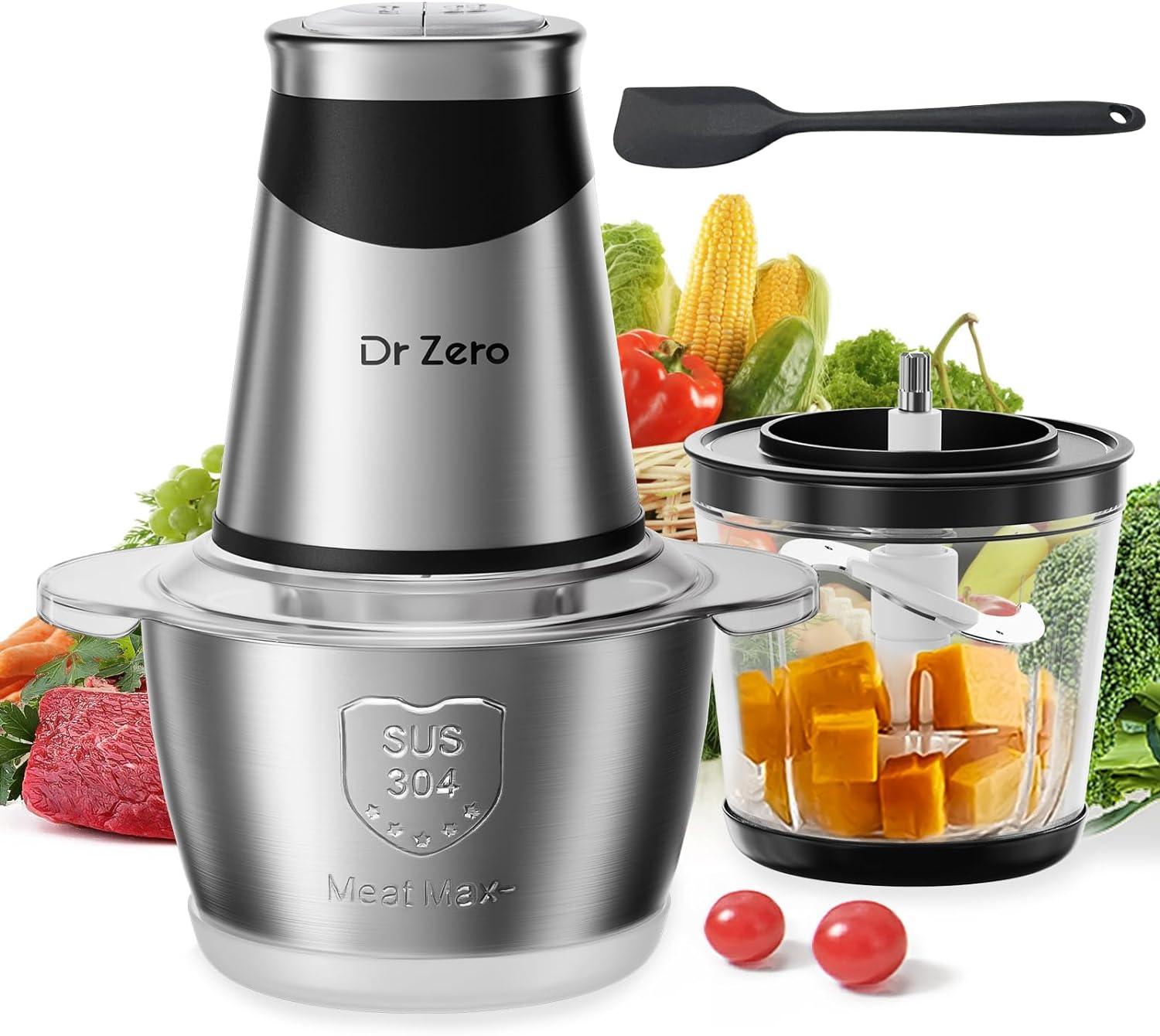 DR.ZERO Electric Chopper with 2 Mixing Containers, 500 W Multi Chopper 1.2 L & 0.6 L, 2 Speed Levels, 4 Stainless Steel Knives, Universal Chopper for Meat, Onions, Baby Food, Fruit, Vegetables
