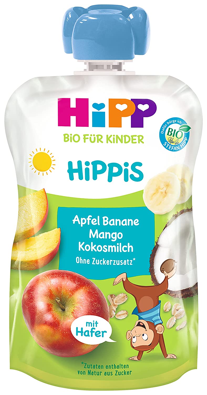 HiPP Bio für Kinder HiPPiS mit Vollkorn Apfel Banane Mango mit Kokosmilch und Hafer - Anton Affe (6x100g)