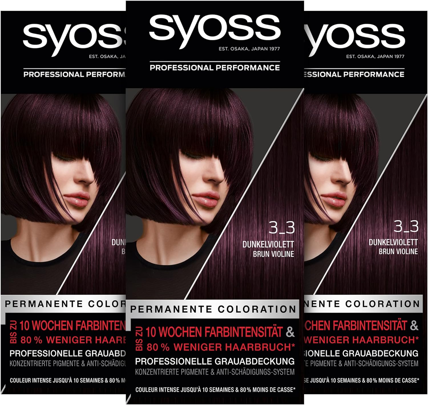 Syoss Color Coloration Hair Dye, 3_3 Dark Violet Level 3 (3x 115 ml), Permanent Coloration for up to 10 Weeks of Color Intensity and 70% Less Hair Breakage*
