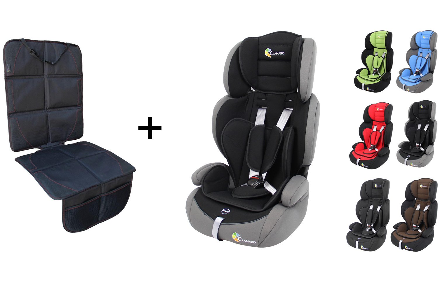 Clamaro Guardian Set Child Car Seat 9-36 kg Grows with Child Car Seat Protector Car Seat for Children from 1-12 Years Group 1/2/3 ECE R44/04 Colour: Grey / Black