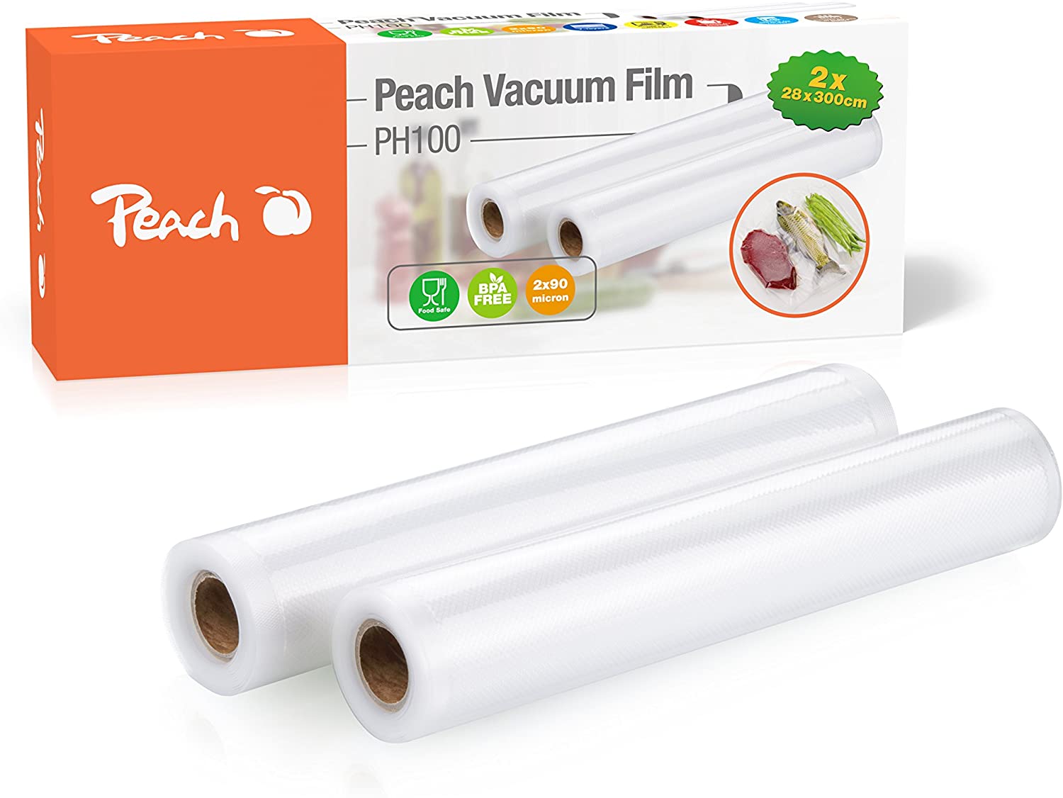 Peach PH100 Vacuum Film | 2 Rolls | 28 x 300 cm | 2 x 90 mic | 7 ply | Suitable for the freezer, boiling water | Sous Vide cooking
