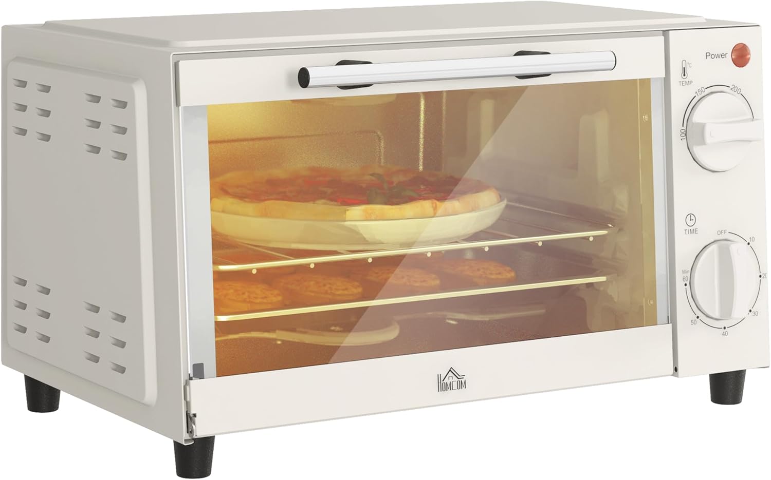 HOMCOM Mini Oven 9L Mini Oven with Baking Tray, Cooking Grate, 100 °C - 230 °C, with Adjustable Temperature and Cooking Time, 60 Min. Timer, 750 W, Stainless Steel, Cream White