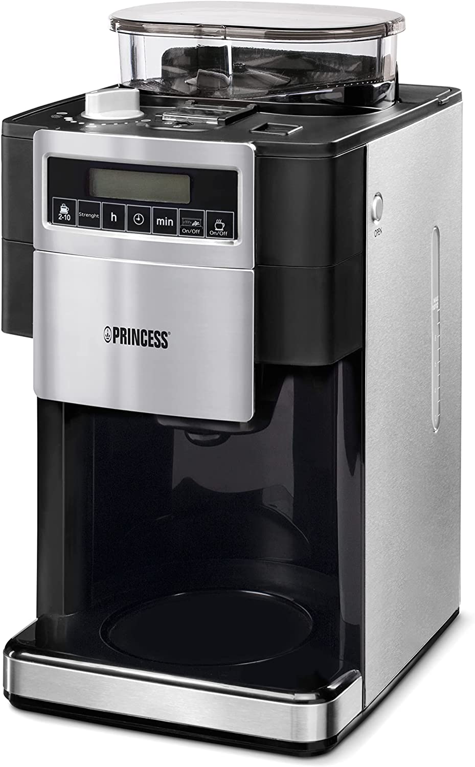Princess 249411 Coffee Machine with Grinder, Adjustable Grind, Up to 10 Cups, Timer Function, Black