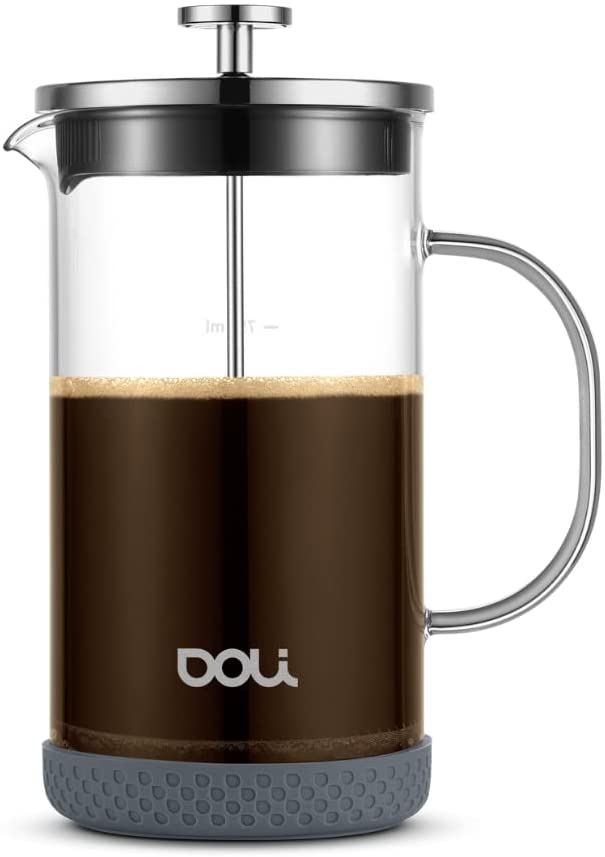 Doli French Press 1L Glass Coffee Maker for 1-6 Cups, Fine Stainless Steel Filter for Pure Aroma, Fireproof & Dishwasher Safe, Includes Dosing Spoon (Grey)