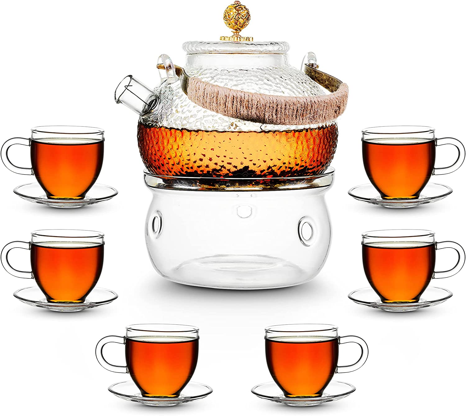 ADEL DREAM AdelDream Glass Teapot with Infuser, Teapot Glass Teapot with Stove Safe, Blooming and Loose Leaf Tea Maker Set (850 ml + 6 (100 ml) + Tea Cosy)