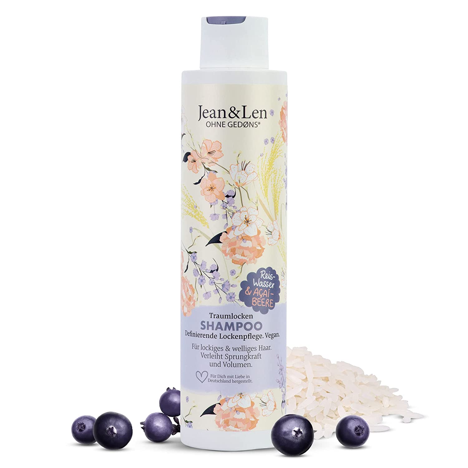 Jean & len dreamlocke Rice Water & Açai Berry Shampoo for Curly & Wavy Hair Adds Bounce & Volume Fruity Berry Fragrance Hair Shampoo Paraben & Silicone Free Vegan 300ml, ‎white