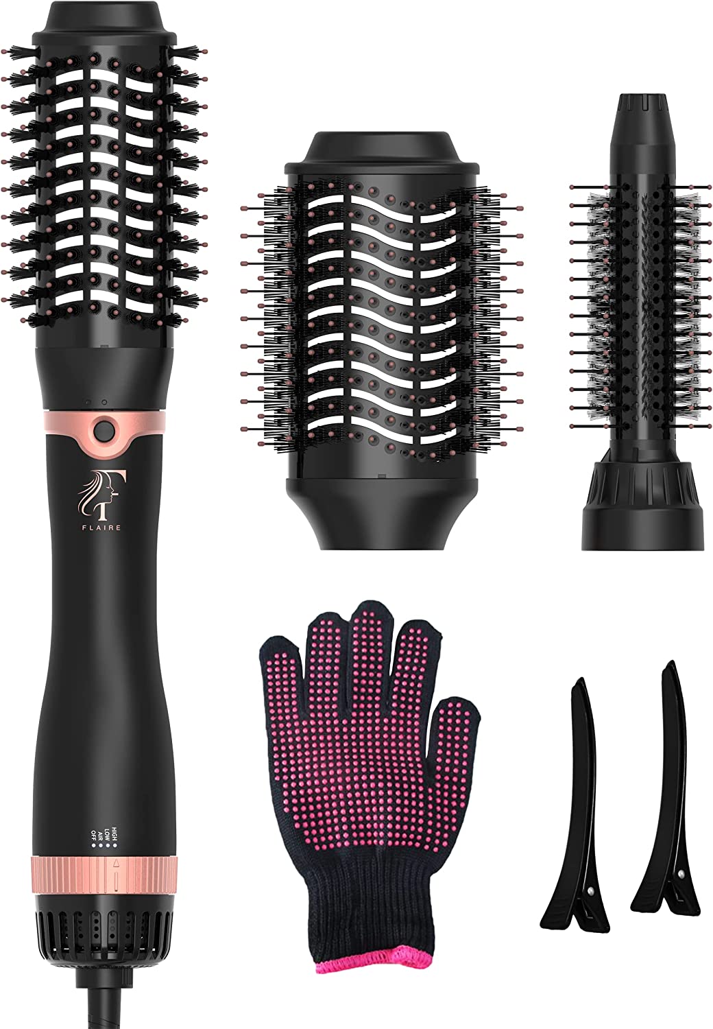 Flaire ROSÉ Set of 6 Volume Hair Dryer Brushes, Hot Air Brush for Long and Medium Short Hair, Hair Styling Round Brush Hair Dryer for Drying, Curling Hair Dryer with Ion Technology Including Accessories