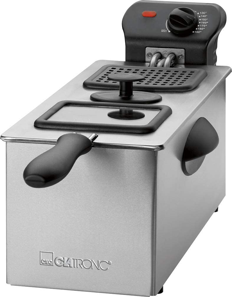 Clatronic FR 3587 Stainless Steel Deep Fryer, 3 Litre Capacity, 2000 Watt, Infinitely Adjustable Thermostat, Heat-Insulated Carry Handles, Easy Cleaning, Stainless Steel/Black