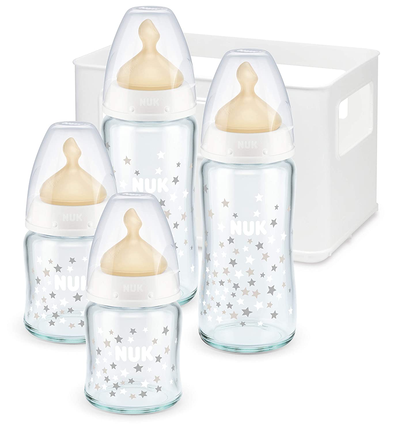 NUK First Choice Plus glass baby bottle starter set, with 4 baby bottles including silicone teatcups & bottle box, 2x 120ml & 2x 240ml, 0-6 months, assorted design