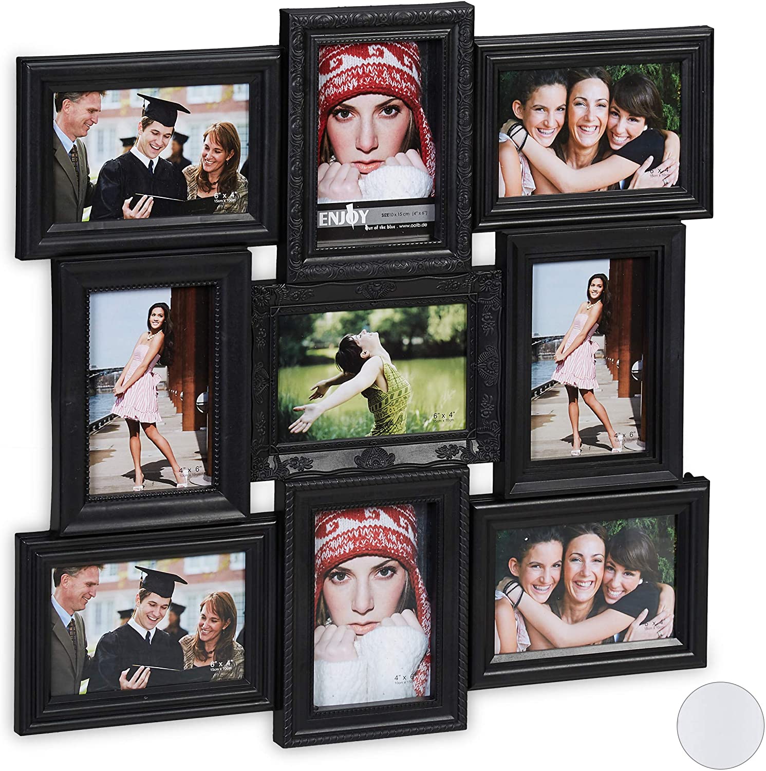 Relaxdays Collage Picture Frame 9 Pictures Portrait or Landscape Wall Antique Plastic Frame H 54 x W 54 cm Black