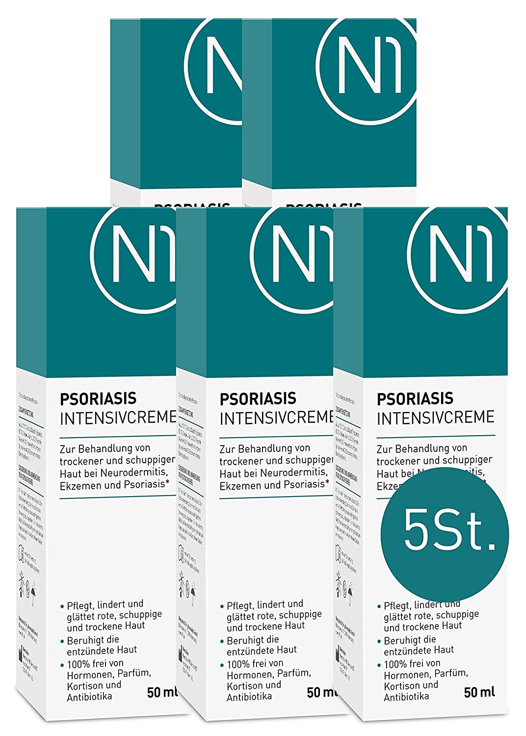 N1 Psoriasis Intensive Cream 5 x 50 ml - [Medical Device] - Eczema & Neurodermatitis Cream - Soothes, Nourishes, Relieves and Smoothes Red, Flaky, Inflamed & Dry Skin - Without Cortisone