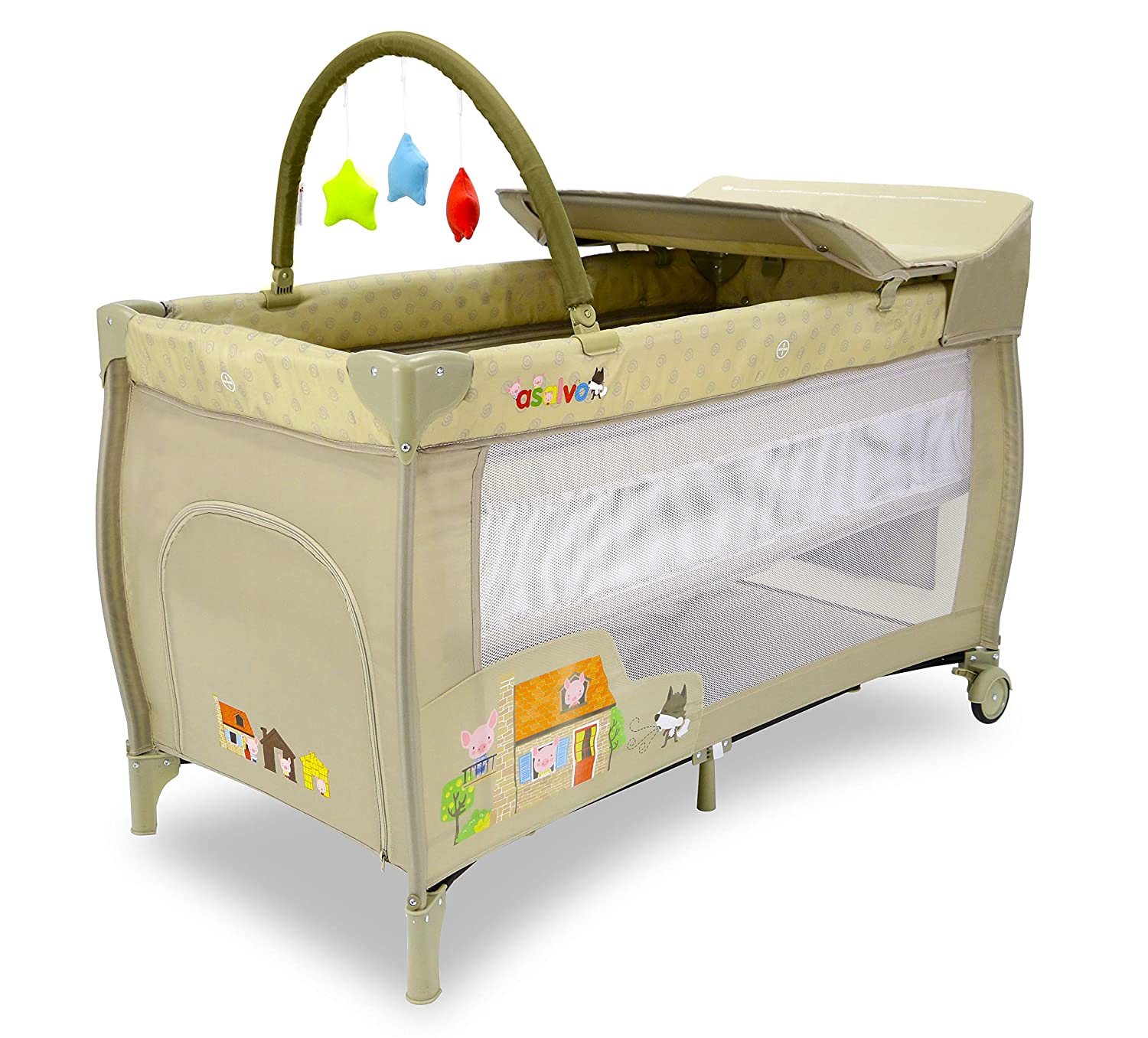 ASALVO Travel Cot, 120 x 60 Mix Plus for Babies from 0 to 15 kg/3 in 1, Baby Bed, Playpen and Changing Mat, Foldable in 30 Seconds with Adjustable Height, Beige Figures