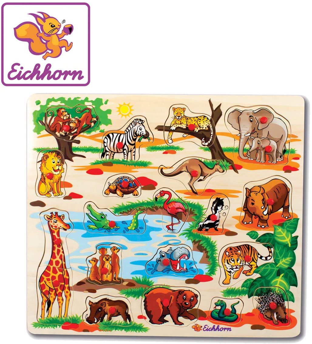 Eichhorn 100005454 - Plug-in puzzle 40x35cm with 21-23 plug-in pieces, motifs: safari, farm, traffic, scope of delivery 1 piece, FSC 100% certified linden plywood, assorted models