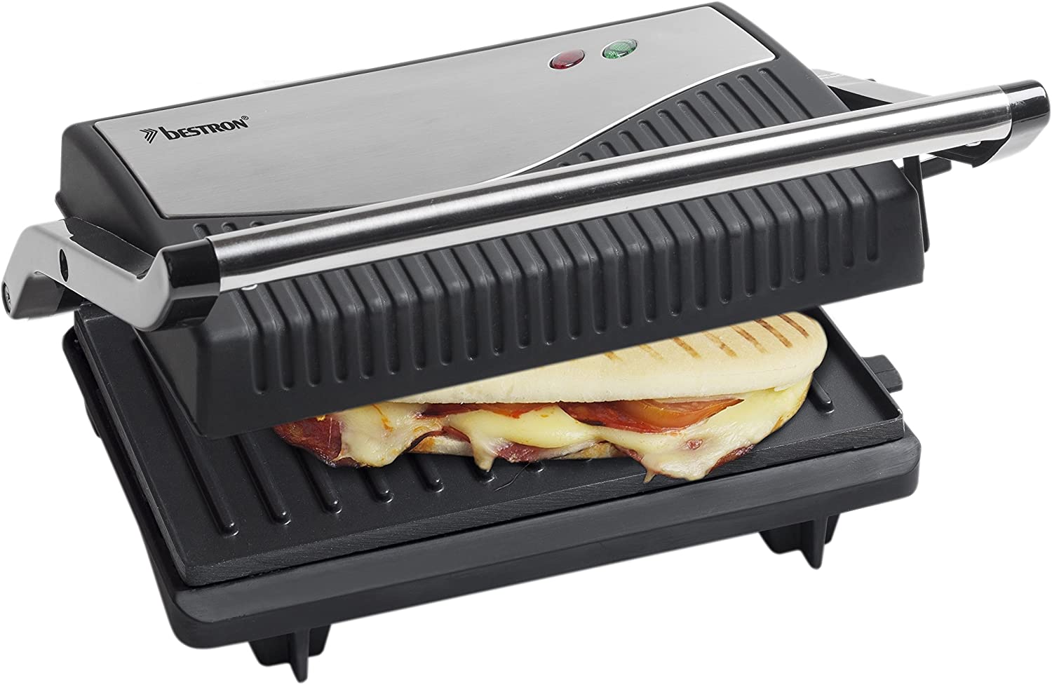 Bestron Contact Grill with Collection Tray, Sandwich Maker with Cool Touch Handle, 180° Hinged and Non-Stick Coating, 750 Watt, APG150, Colour: Silver/Black