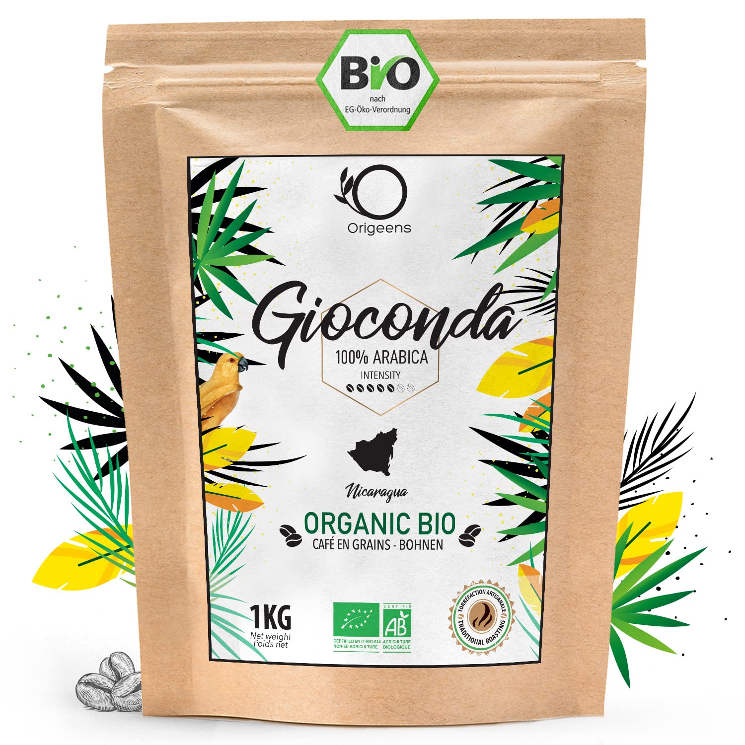 ORIGEENS Organic Coffee Beans 1kg | Organic Arabica Coffee Whole Beans | Single Origin Nicaragua Gioconda | Low Acid | Traditional roasting