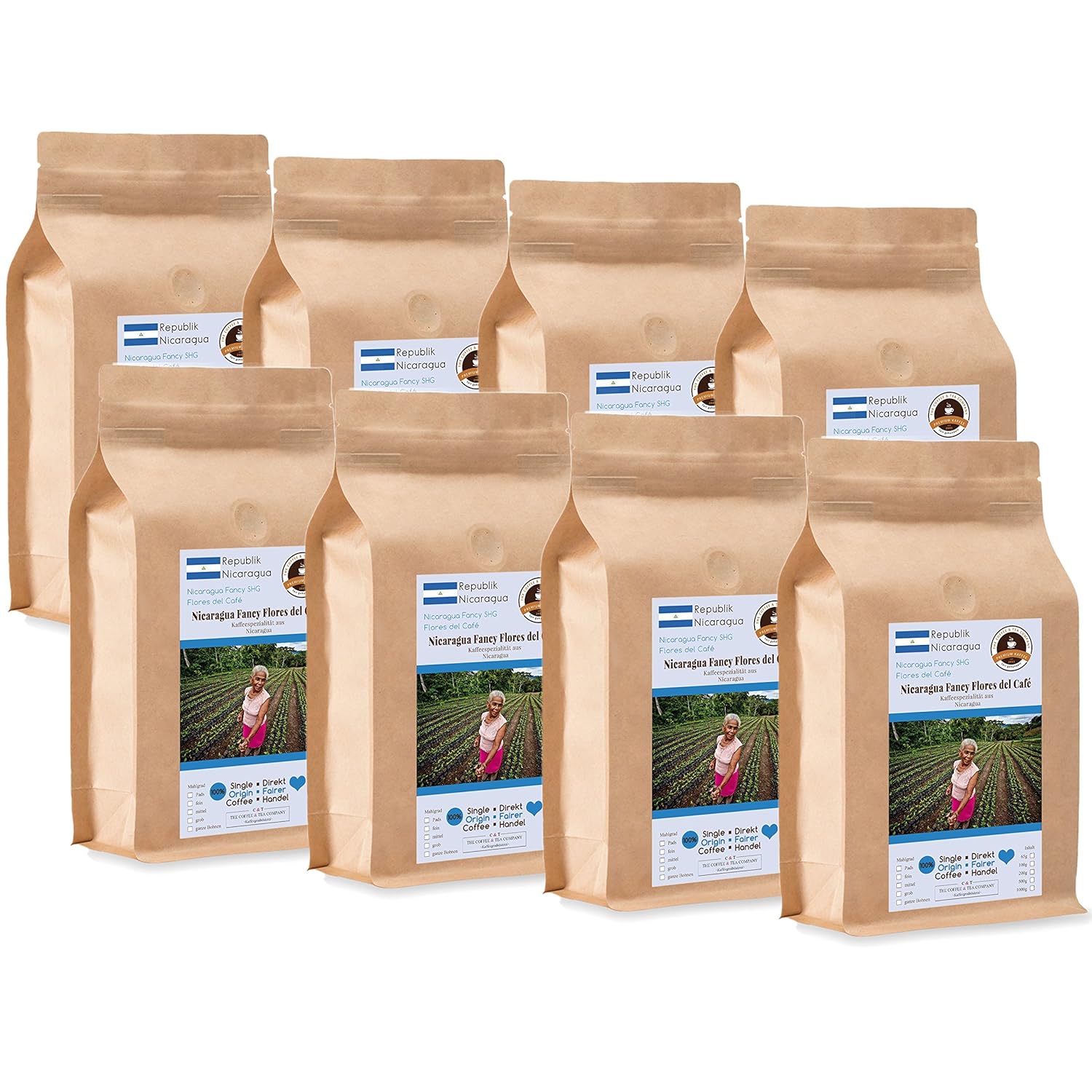 Coffee Globetrotter - Coffee with Heart - Nicaragua Fancy Flores del Café - 8 x 1000 g Coarse Ground - for Fully Automatic Coffee Grinder - Roasted Coffee Fair Trade | Gastropack Economy Pack