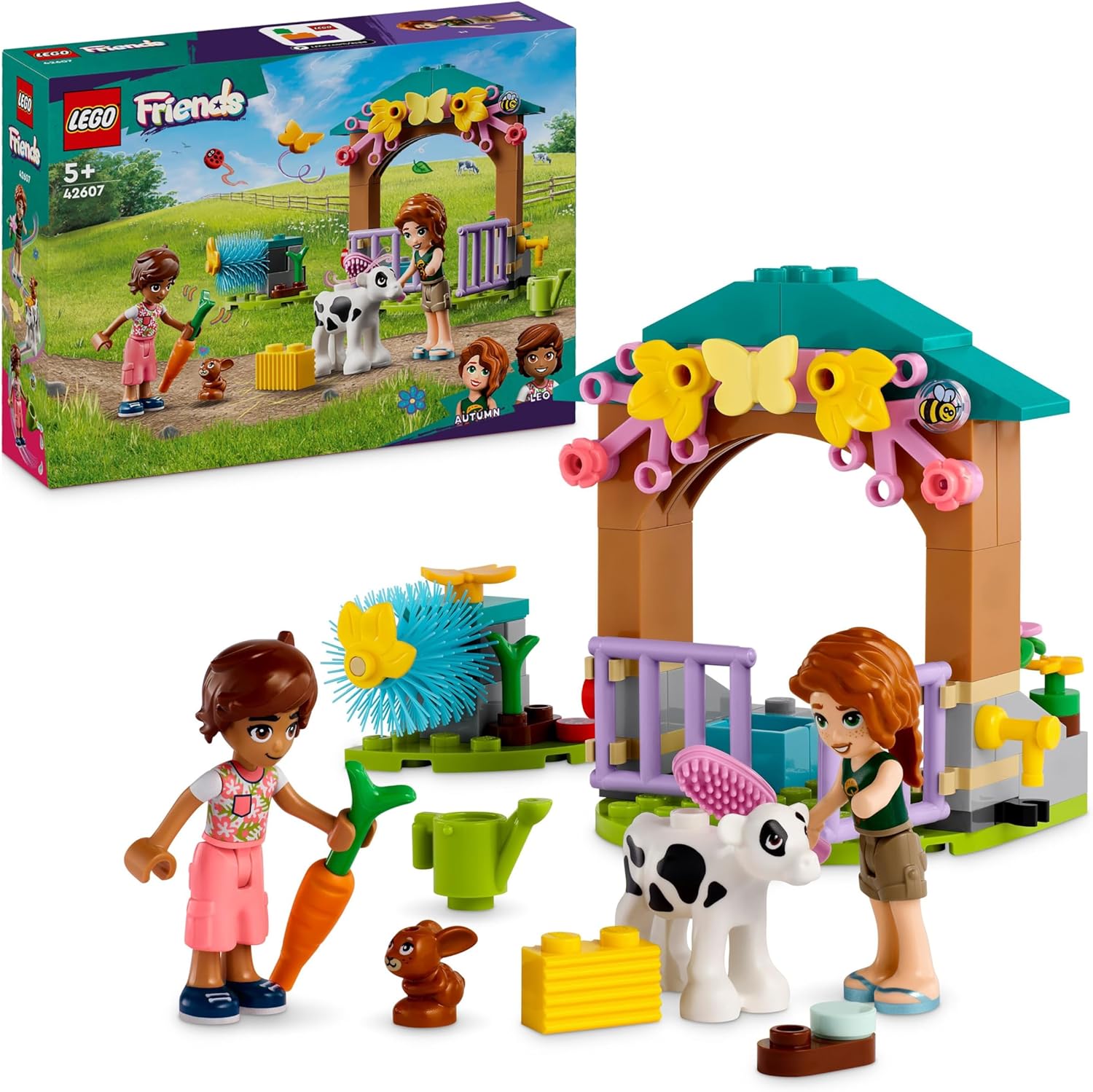 LEGO Friends Autumns Calf Hutch Farm Toy with Animals for Kids, Small Set of 2 Figures, Rabbit and Cow Figure, Gift for 5 Year Old Girls and Boys 42607