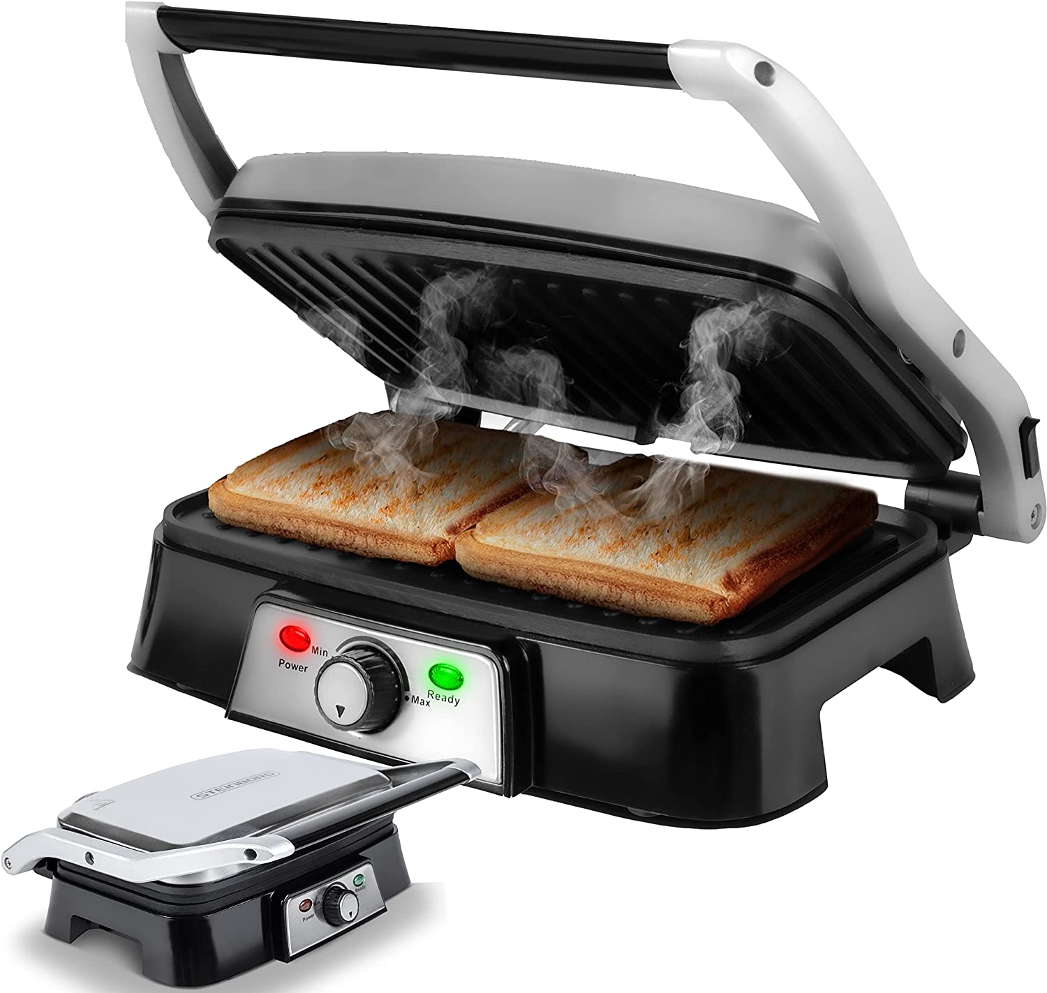 Steinborg Contact grill, panini grill, sandwich toaster, electric table grill, 180° opening, grill, non-stick coating, thermostat, cool touch technology, grease drip tray