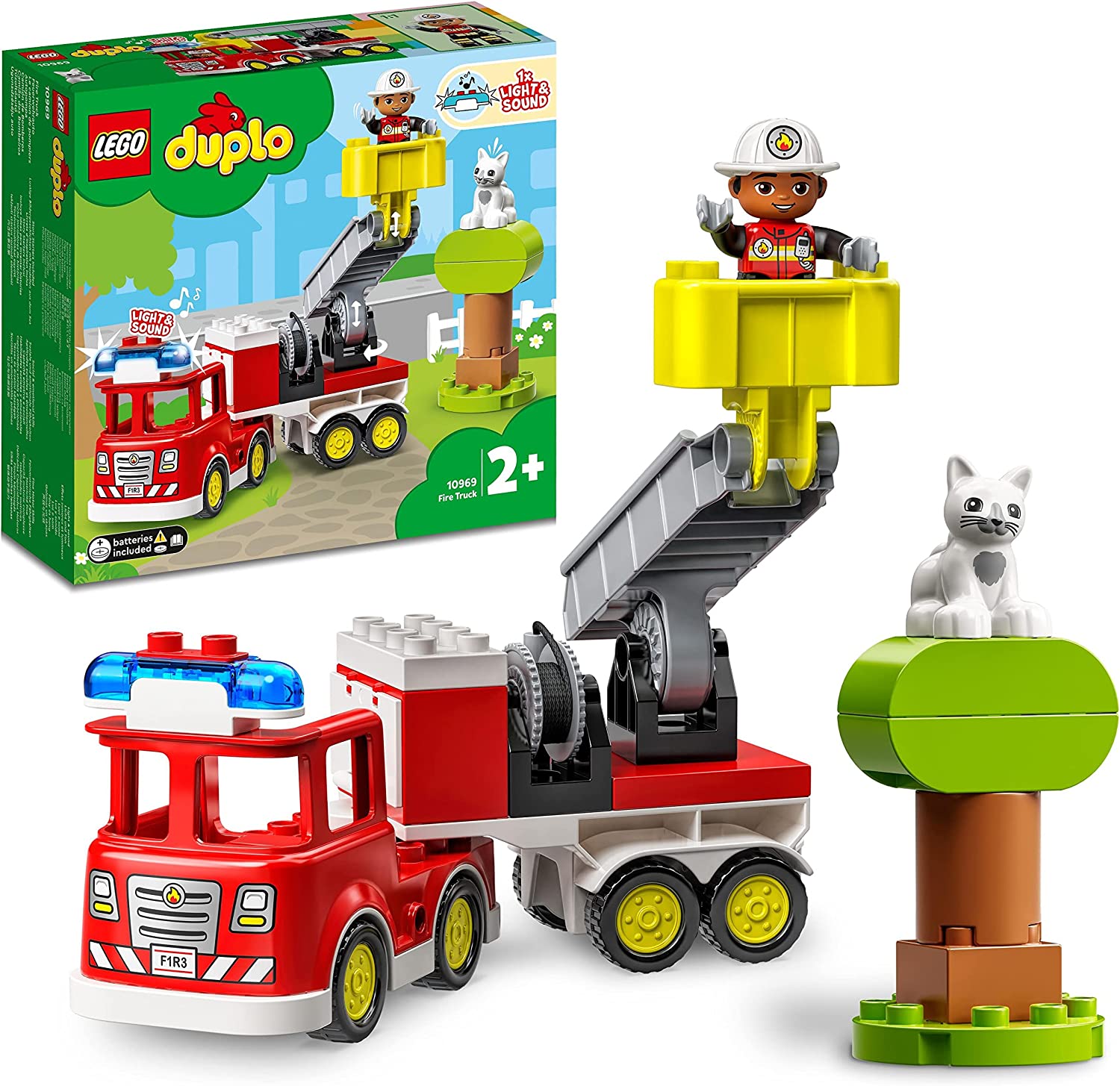 LEGO 10969 Duplo Town Fire Engine Toy, Set with Blue Light and Martinhorn, Fireman and Cat, Educational Toy for Toddlers from 2 Years