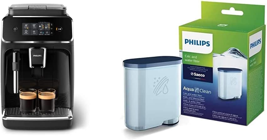 Philips Domestic Appliances Philips Series 2200 Kaffeevollautomat – Klassischer Milchaufschäumer, Intuitives Touchdisplay, Glänzendes Schwarz (EP2221/40) & Philips Kalk CA6903/10 Aqua Clean Wasserfilter, Kunststoff