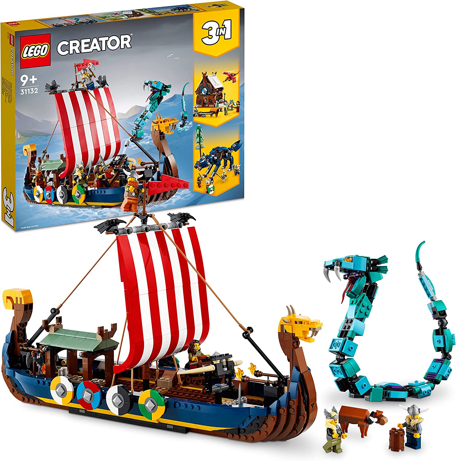 LEGO 31132 Creator 3-in-1 Viking Ship with Midgard Snake Set with Ship, House, Toy Wolf and Animal Figures, Birthday Gift for Children